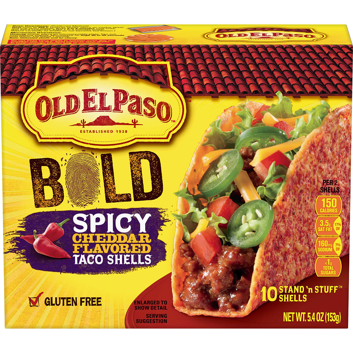 Old El Paso Gluten Free Stand 'N Stuff Bold Spicy Cheddar Flavored Taco Shells, 5.4 oz